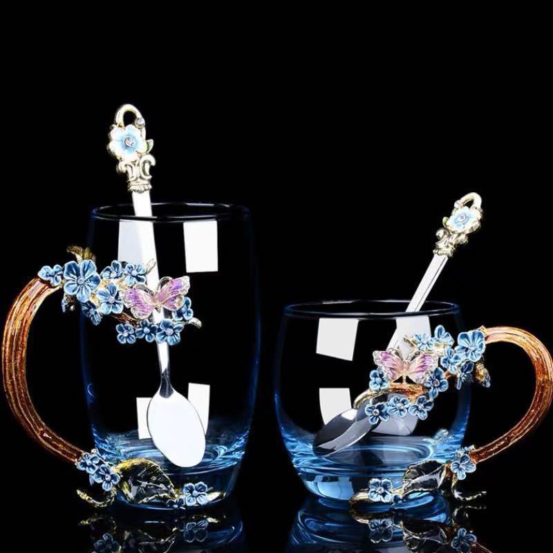 ガラス製．花柄ティーカップ4点セット コーヒーカップ