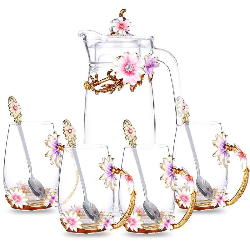 西洋ティー・コーヒーカップセット ．ガラス製カップ4客セット 花柄 姫系雑貨