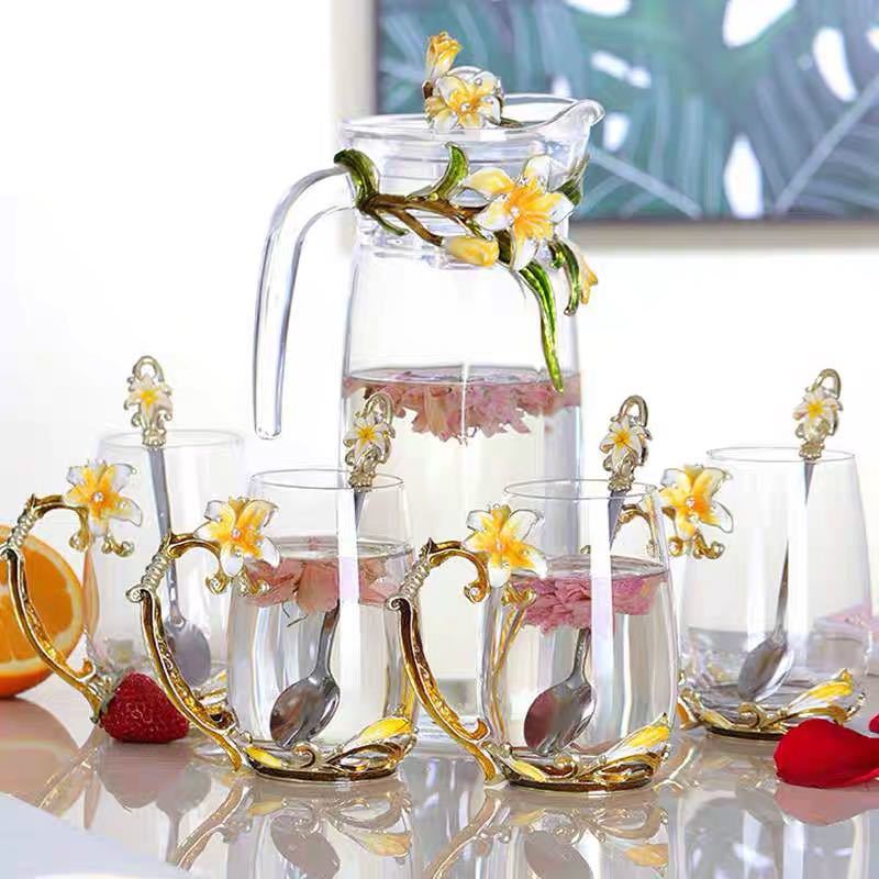 ティーポット コーヒーカップ 5点セット ガラス製 花柄