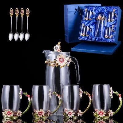 ティー・コーヒーカップセット ガラス製カップ4客セット バラ花柄 ．姫系雑貨