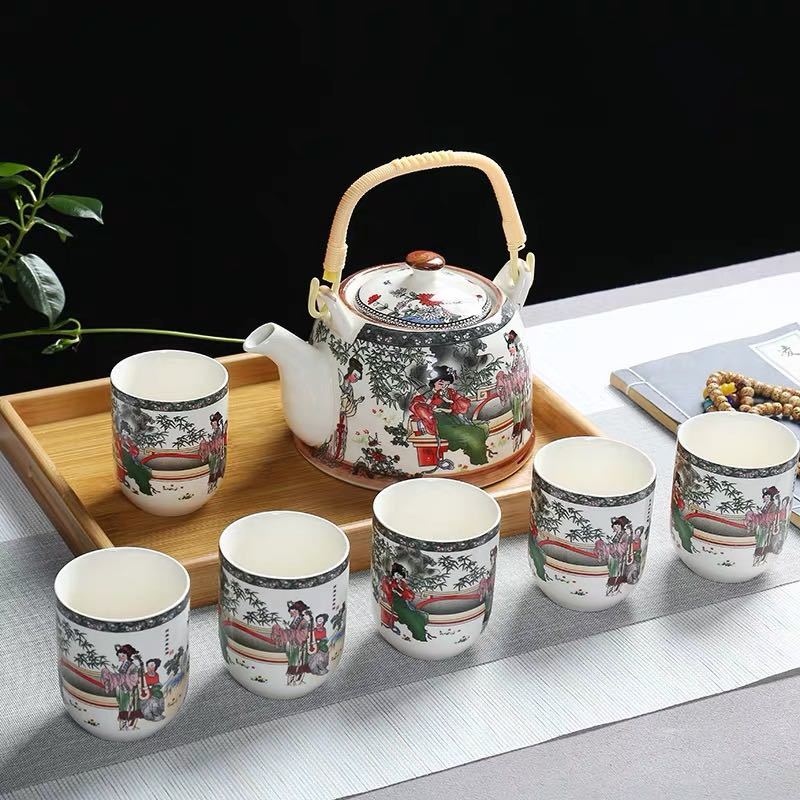 6客茶器揃 湯呑 急須 茶器セット ティーセット 陶磁器 茶器セット ．トレー付き