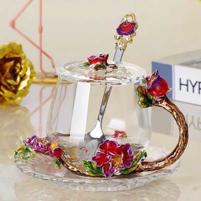 硝子製紅茶 コーヒーカップセットカップ＆平円盤1客 花柄 雅びやか琺瑯質彩優勝杯4点仕掛ける
