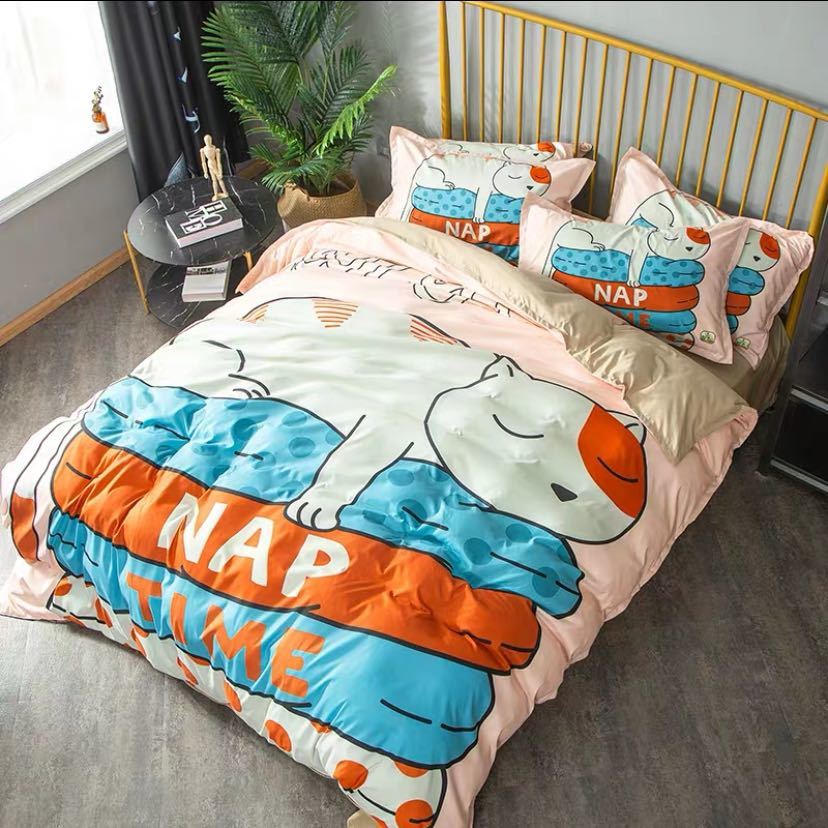 ワイドダブル ベッド用品4点セット ．寝具 ボックスシーツ　枕カバー掛け布団カバー ベッドカバー 猫柄雑貨