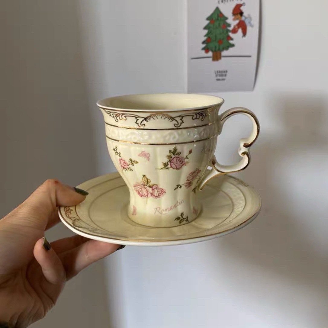 ティー コーヒーカップセット カップ＆ソーサー4客セット 花柄陶磁器ティーセット