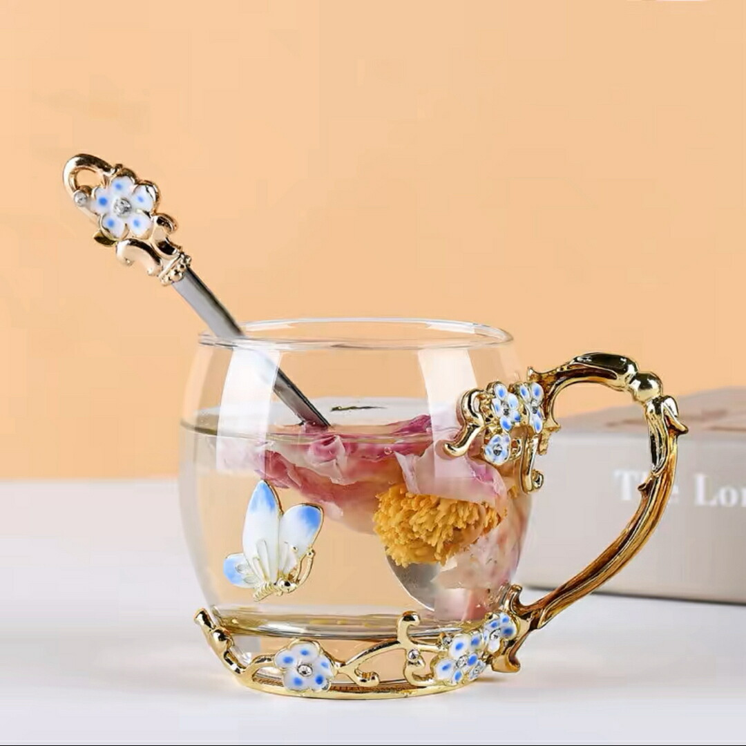 花柄 コーヒーカップ ガラス製 ティーカップ 2点セット食器 コーヒーカップ
