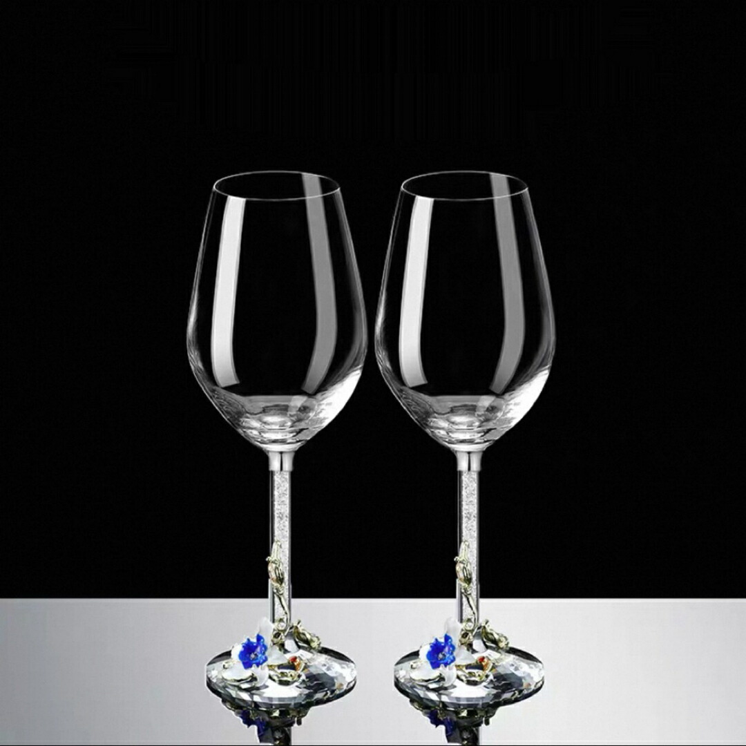 ブルーガラス ワイングラス 350ml 高級百合ダイヤ装飾 レッドワイン用グラス