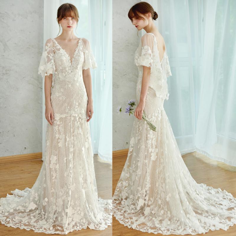 婚礼の儀お召しもの ウェディングドレス 二次会 婚礼の儀 前撮り ロングお召しもの 花嫁御寮 スレンダードレス 半袖 花柄 うしろ側受け答え 窈窕たる 三鞭酒 ベージュ 映し絵婚礼の儀 スレンダーラインドレス スピード競技 弱められた大いさ 途轍も無い大いさ ウェディングドレス-レディースファッション
