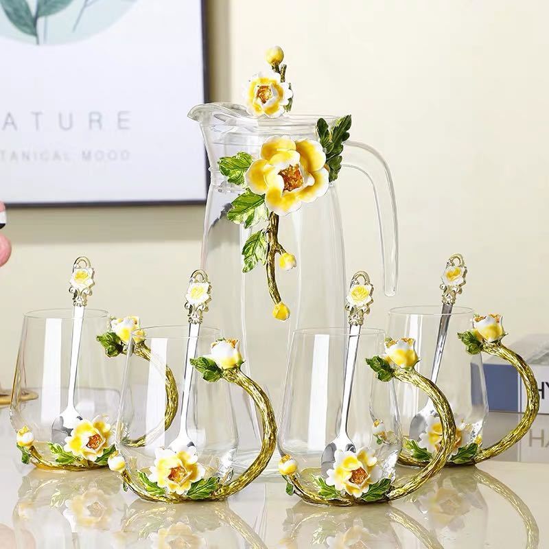 ガラス製・ ~カップ9点 花柄 ．上品琺瑯彩カップ
