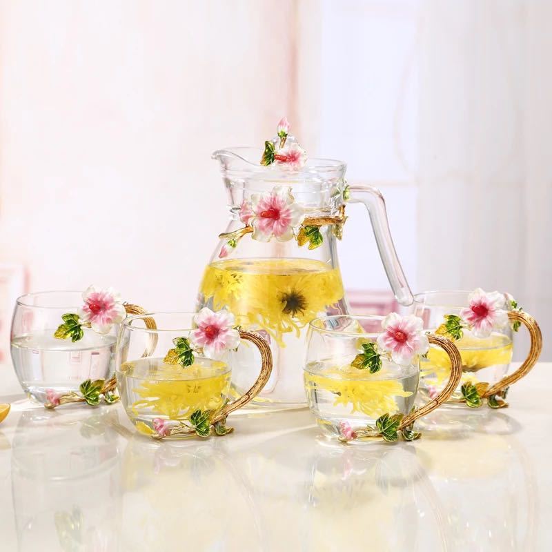 ティーポット コーヒーカップ 5点セット ガラス製 花柄｜Sinessy 店