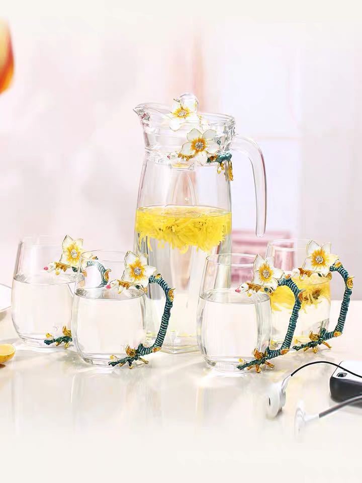 ティーポット コーヒーカップ 5点セット ガラス製 花柄