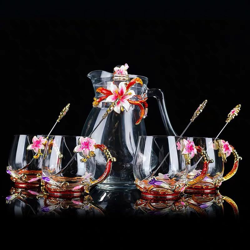 西洋ティー・コーヒーカップセット ガラス製カップ4客セット 花柄