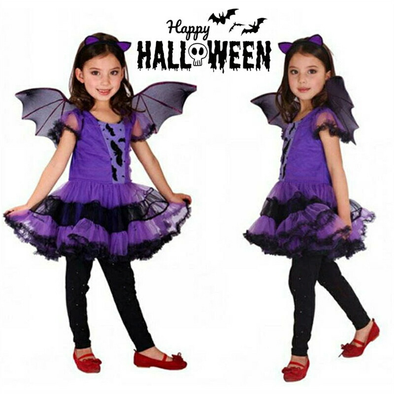 子供 女の子 悪魔 魔女 ース 仮装 チューム 魔法 子供用 ダンス衣装 紫色 吸血鬼 こうもり 羽 翼 3点 変装 舞台 4,517円