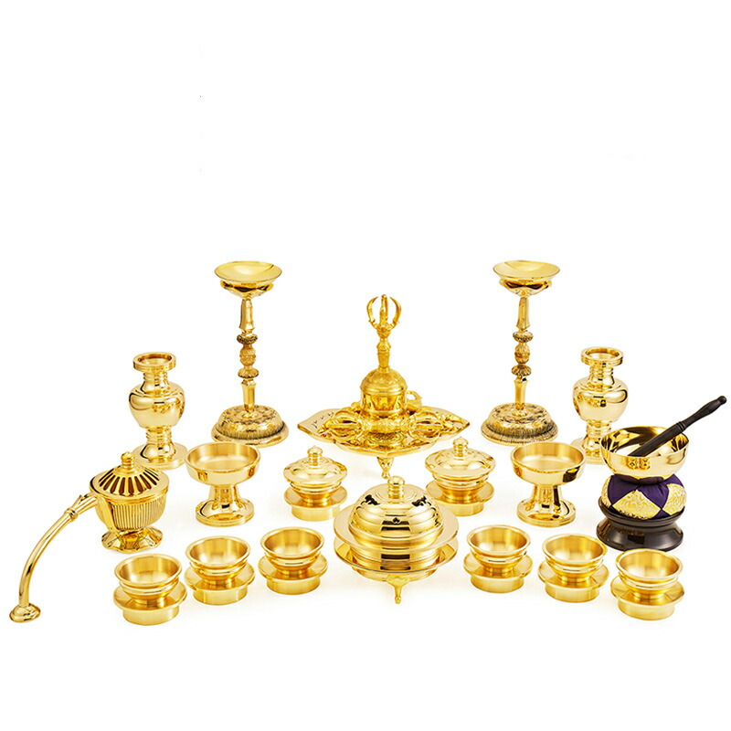 密教法具一組六器飯器一対華瓶一対燭台一対塗香器洒水器金剛鈴金剛盤火舎香炉五鈷杵三鈷杵独鈷杵全23種護摩真言【特大|Sinessy 店