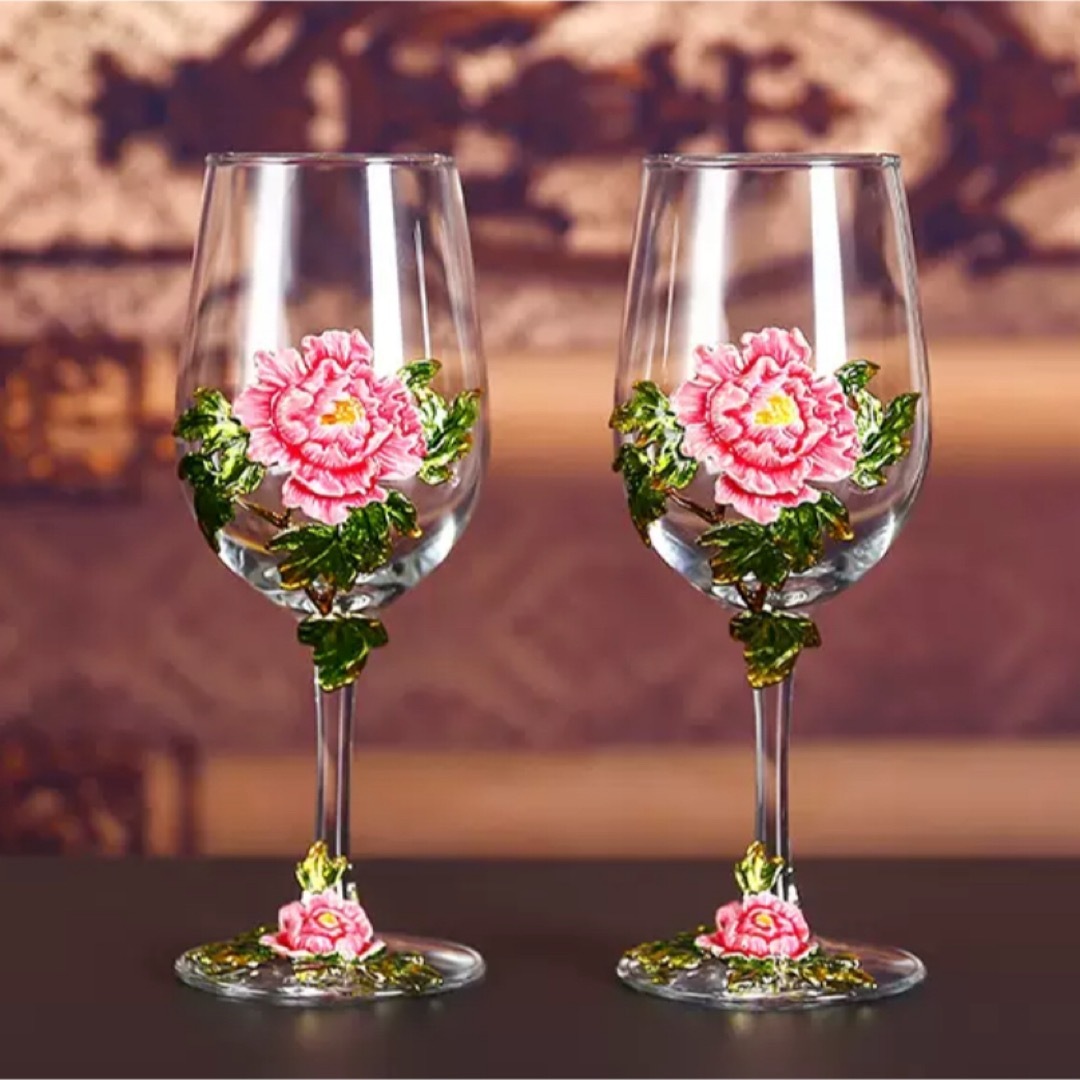 牡丹花モチーフ ピンク ワイングラス ペアセット おしゃれ 花柄 ガラス製 23,377円