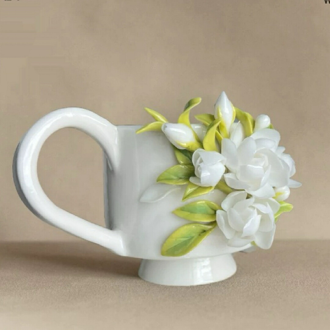 陶磁器マグカップ梔子花 立体花柄 手作り高級 コーヒーカップ ティーカップ食器
