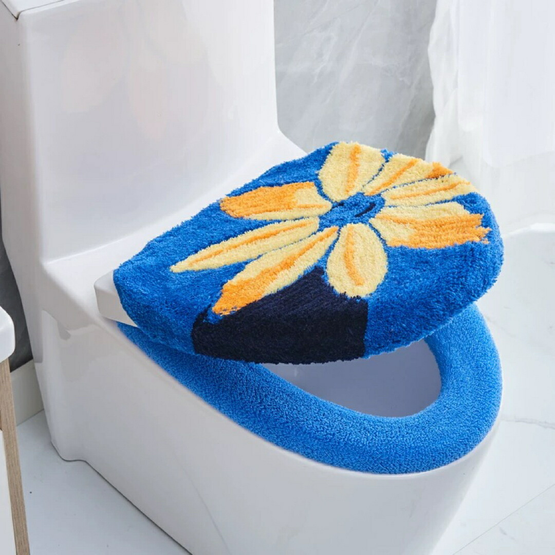 ふわふわ トイレカバーセット花柄 保温便座カバー ブルー　トイレカバー2点セット