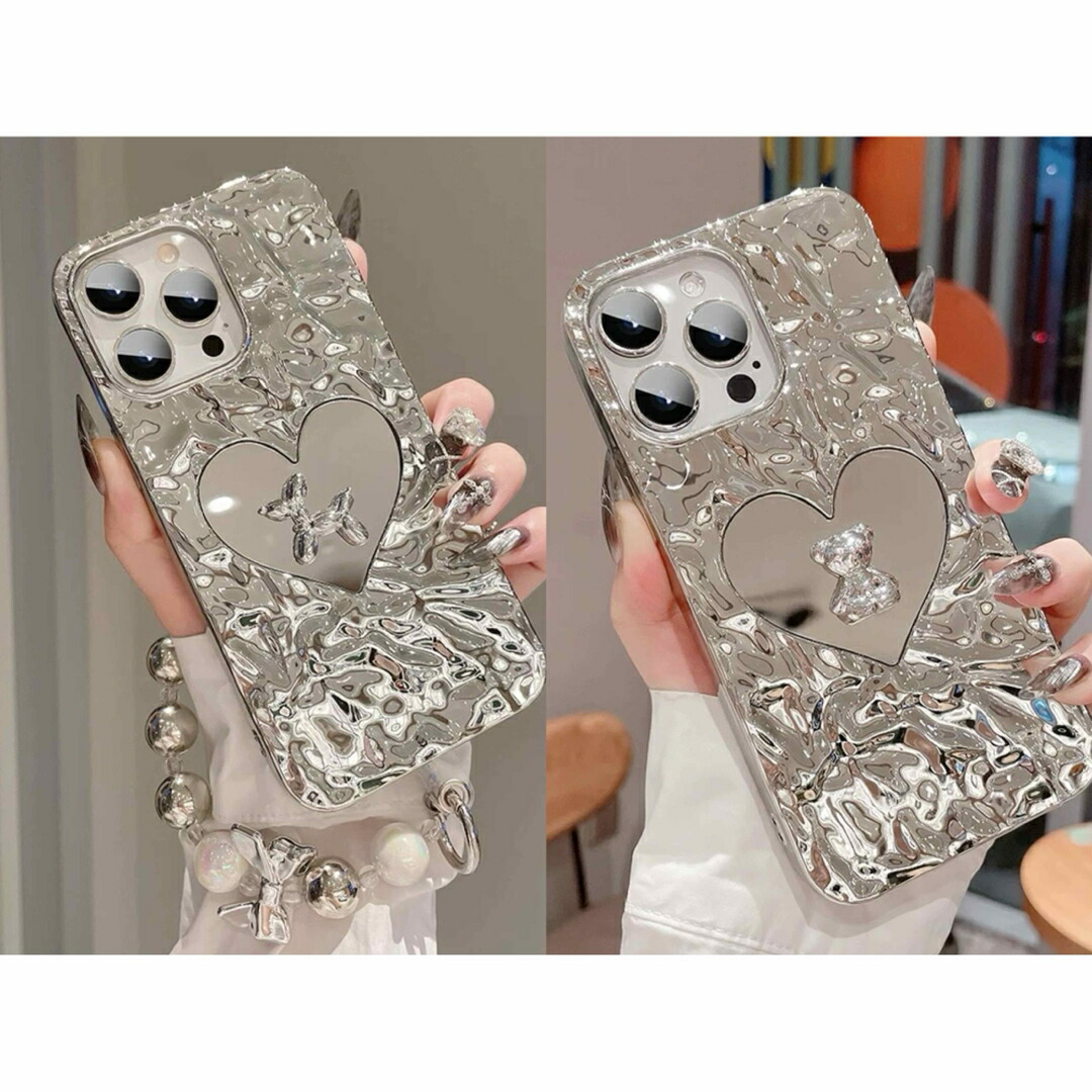 メタリックハートミラーデザイン立体アクセント　全機種 iPhoneケース