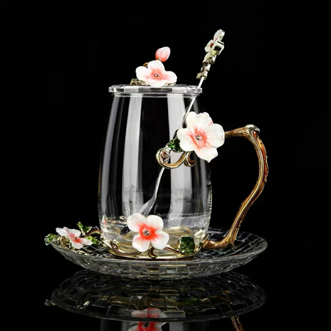 ガラス製 ティー コーヒー カップ カップ&ソーサー1客 花柄 琺瑯質彩カップ
