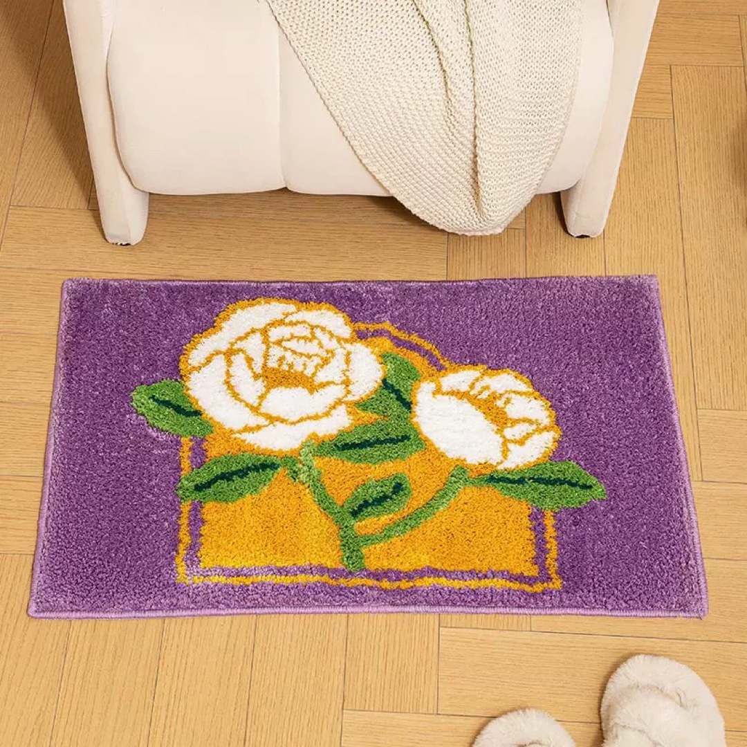 ふわふわ山茶花デザインマット 50&times;80cm 滑り止め付き玄関・お風呂用ラグ｜Sinessy 店
