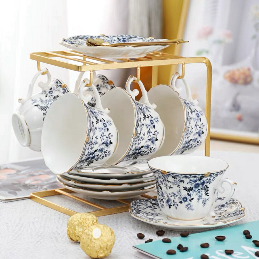 西洋調ティーカップセット 花柄陶器 高級感 カップ＆ソーサー 6客コーヒーカップ