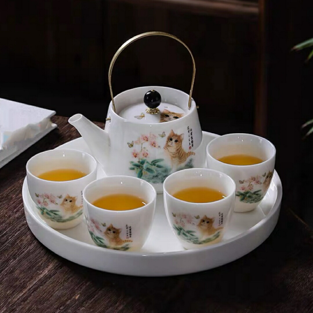 4客茶器揃 湯呑 急須 ポット 茶器セット ティーセット 食器 和風 猫柄