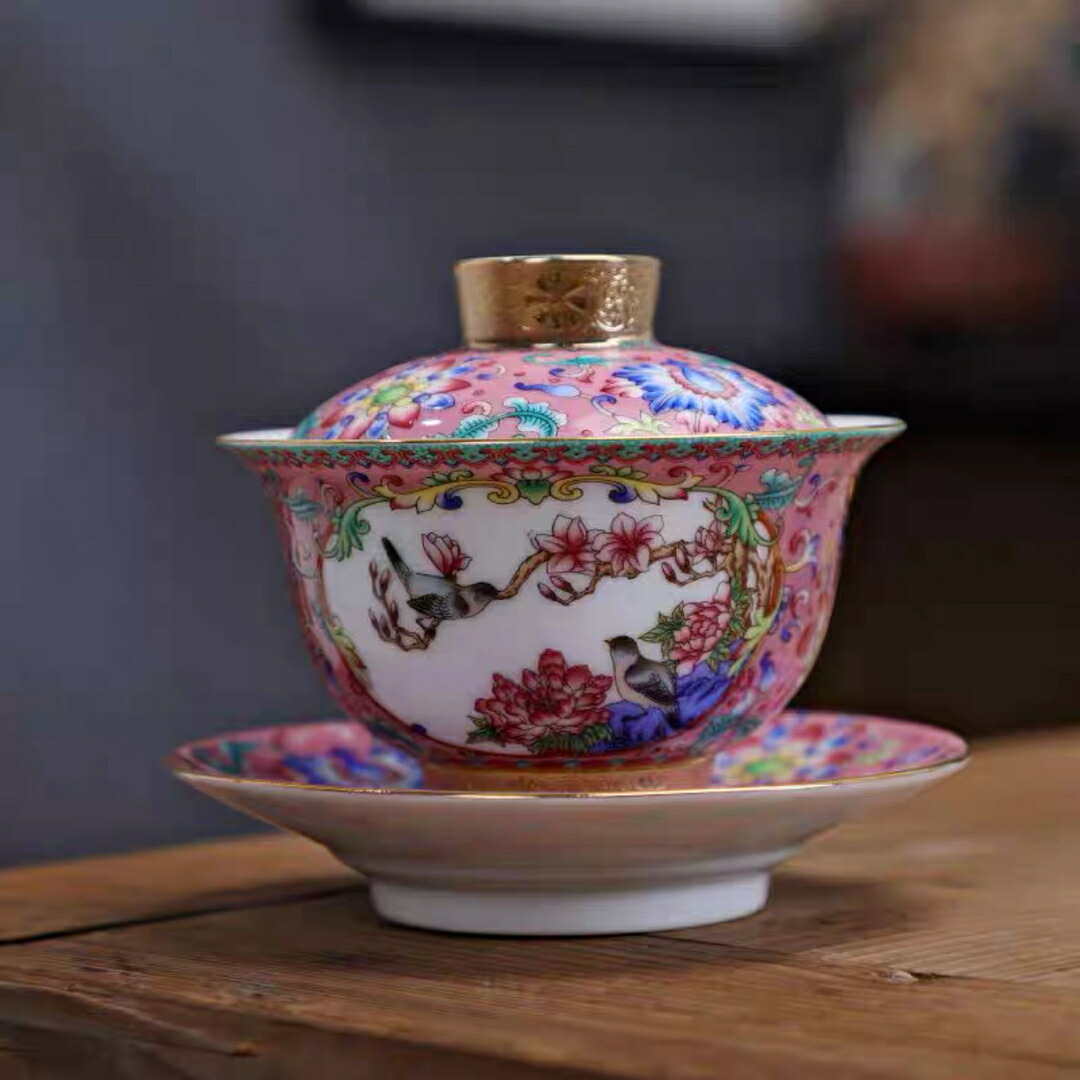 蓋碗 琺瑯彩 茶杯セット 茶器 三才碗 花柄 耐熱 陶磁器製の中国茶器 1客|Sinessy 店