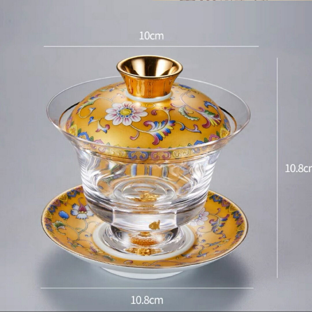 金箔入れ 茶器ガラス蓋碗 135ml 磁器蓋と受け皿付き(花模様)高級 食器|Sinessy 店