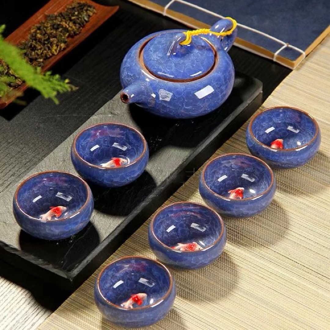6客茶器揃 茶器セット お茶 陶器 湯呑み 急須茶器セット 立体金魚型｜Sinessy 店