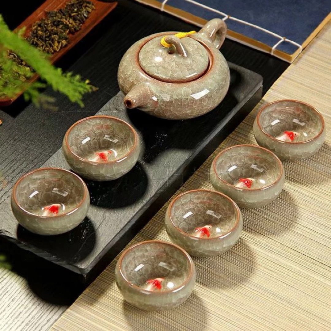 6客茶器揃 茶器セット お茶 陶器 湯呑み 急須茶器セット 立体金魚型