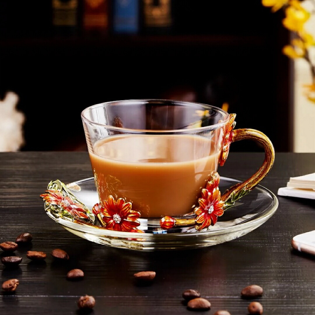 ガラス製ティーコーヒーカップ カップ＆ソーサー2客 花柄 琺瑯質彩カップ