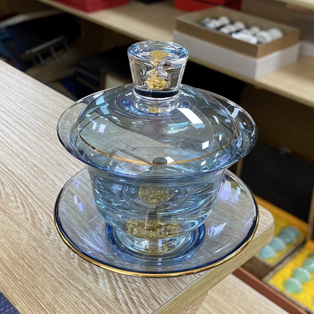 高級 蓋碗 茶杯セット 金箔入れ おしゃれ 耐熱ガラス製の中国茶器 1客