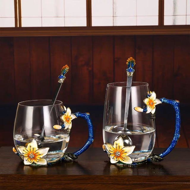 ガラス製ティー・コーヒーカップセット カップ2客 花柄 琺瑯質彩カップ4点セット 17,801円
