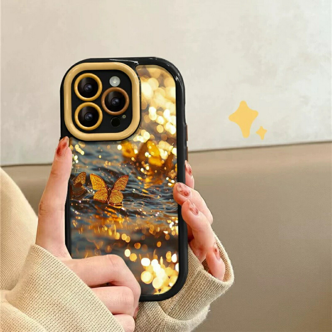iPhone全機種相応うゴールド蝶が舞う幻覚的スマホケース ローマン的な光の明滅する光