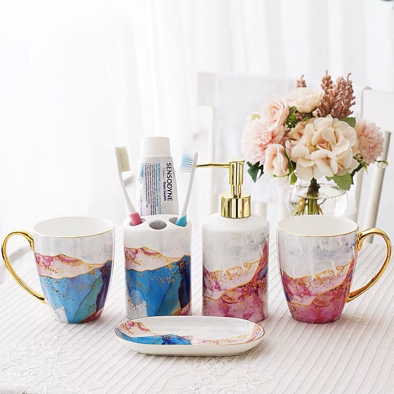 高級サニタリー5点セットディスペンサー 歯ブラシスタンド .洗面所用品|Sinessy 店