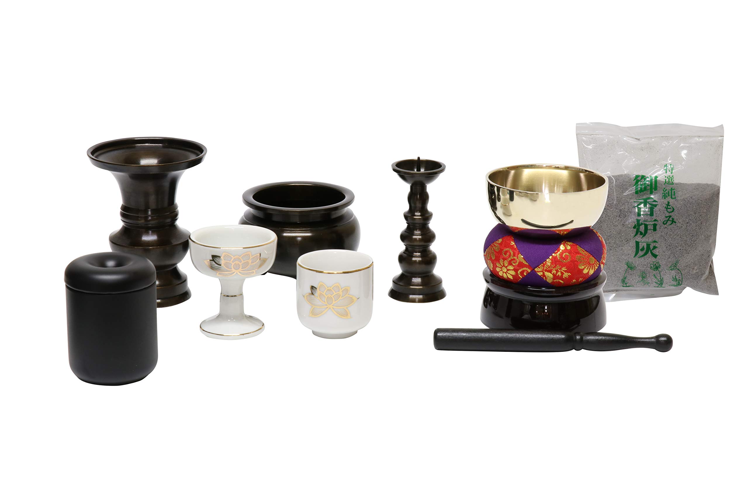 仏具8点仕掛ける 小大きさ [おりん・香炉・置き目ソク立て・華瓶・仏器・茶器・擦り付け木消し・香炉灰]