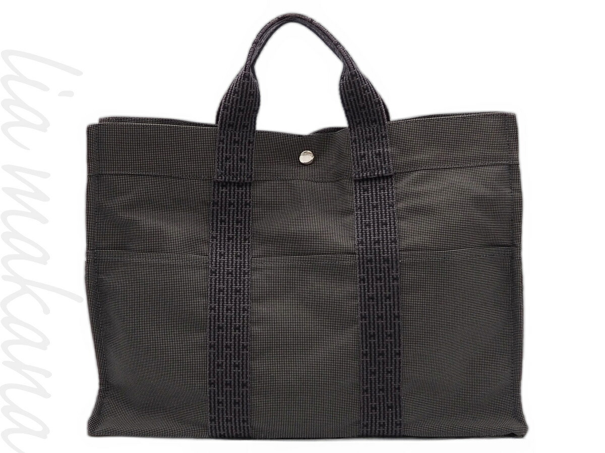 【中古】HERMES エルメス さけび声伝達ルート トートMM 御徒面子 トートバッグ 商行為御徒面子 通い通学 ナイロン帆布 黒いこと 黒 薄墨色 しろがね色金具【リアマカナ】 バッグ-トートバッグ-バッグ・小物・ブランド雑貨