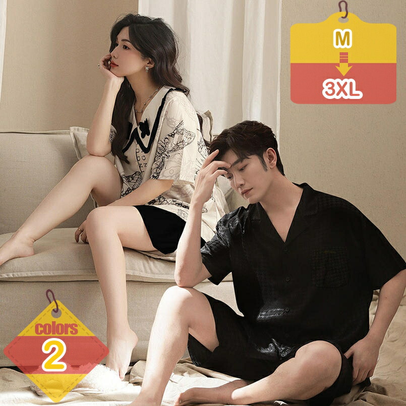 ペア パジャマ 夏用 半袖 上下セット レディース メンズ 前開き ルームウェア ペアルック おしゃれ Tシャツ+ショートパンツ 部屋着 通気 吸湿 柔らかい 寝間着 便利服 可愛い カップルパジャマ ホームウェア リラックスウェア liber-online