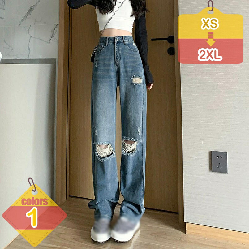 デニムパンツ レディース ダメージ加工 ジーンズ ゆったり ハイウエスト ストレートパンツ ストリート系 着痩せ 夏 ファッション ロングパンツ 美脚 スリム きれいめ カジュアル 大人 ビジネス OL liber-online