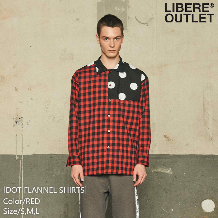 LIBERE リベーレ ドット フランネル シャツ ネルシャツ カラーシャツ 柄シャツ 長袖 水玉 チェック アシンメトリー 切り替え 切替 赤 レッド[DOT FLANNEL SHIRTS/RED]公式アウトレット｜LIBERE OUTLET
