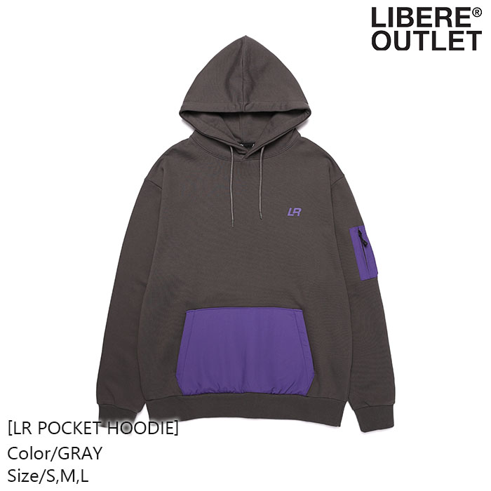 LIBERE リベーレ ポケット フーディー パーカー プルオーバー 長袖 プリント バイカラー CHARCOAL チャコール 灰色 グレー[LR POCKET HOODIE/GRAY]公式アウトレット