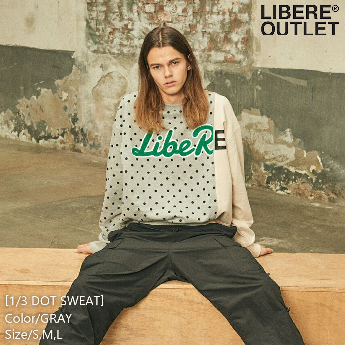 LIBERE リベーレ ドット スウェット スエット トレーナー プルオーバー 長袖 水玉 プリント アップリケ アシンメトリー ドッキング 切り替え 切替 灰色 グレー[1/3 DOT SWEAT/GRAY]公式アウトレット