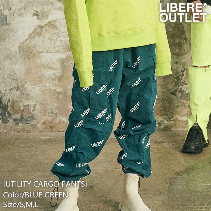 LIBERE リベーレ ユーティリティ カーゴ パンツ 長ズボン ゆったり 柄 ロゴパターン 青緑 ブルーグリーン ターコイズ[UTILITY CARGO PANTS/BLUE GREEN]公式アウトレット｜LIBERE OUTLET