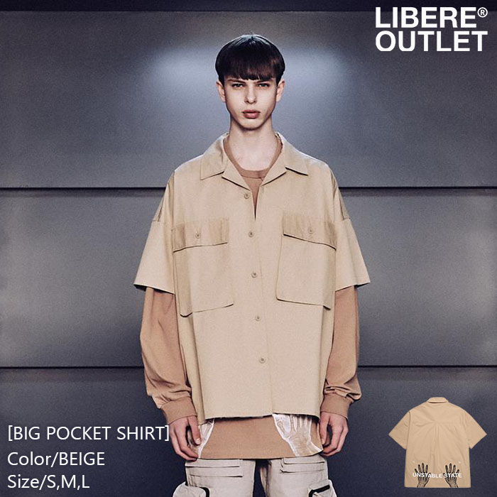 LIBERE リベーレ ビッグ ポケット シャツ ビッグシルエット カラーシャツ 半袖 バックプリント 裾プリント 骨 手形 ロック ベージュ[BIG POCKET SHIRTS/BEIGE]公式アウトレット