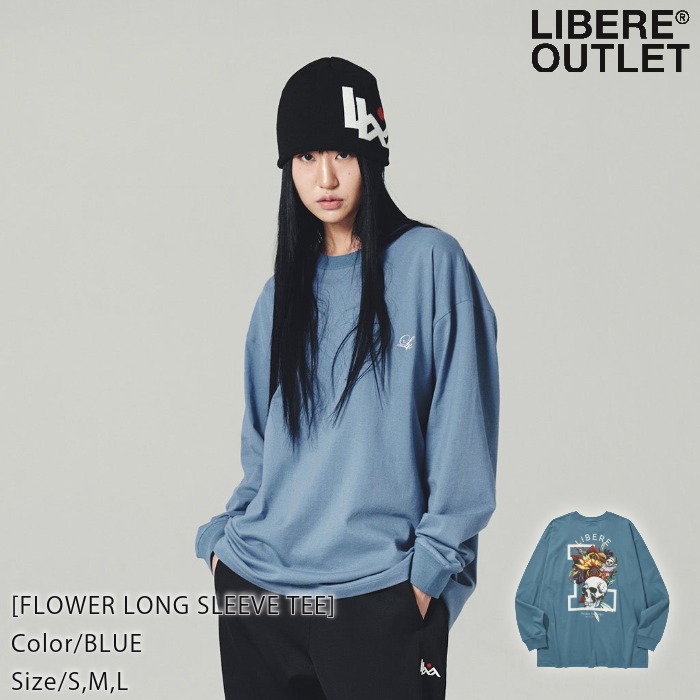 LIBERE リベーレ フラワー ロングスリーブ Tシャツ ロンT LONGSLEEVE TEE 長袖 花 スカル 骸骨 モチーフ ロック ROCK 青 ブルー[FLOWER LONG SLEEVE TEE/BLUE]公式アウトレット