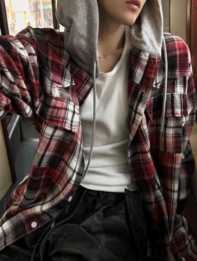 [COSYHARU]Western Checkered Hooded Shirt