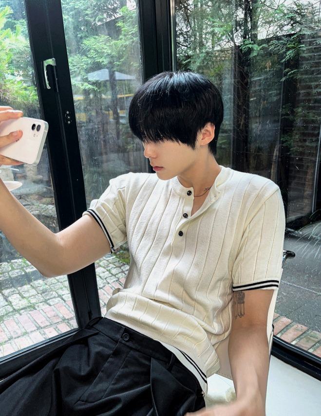 [COSYHARU]Magnum Henley Neck Short-Sleeved Knitwear