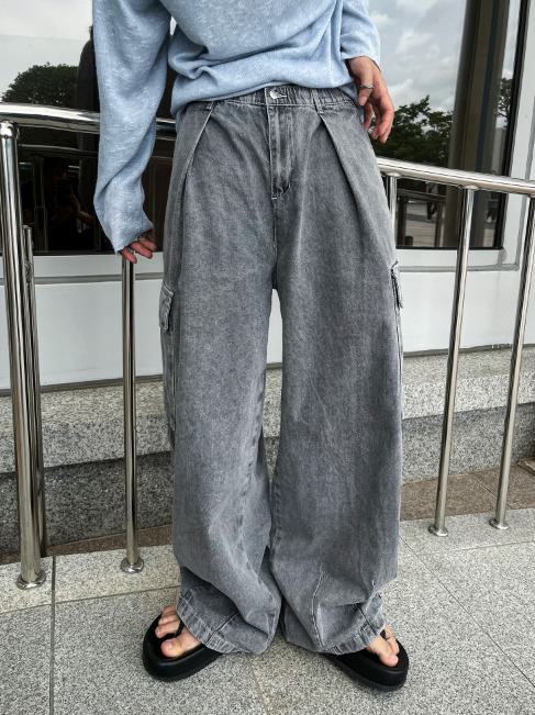 COSYHARU] Balloon Stitch Cargo String Denim Pants