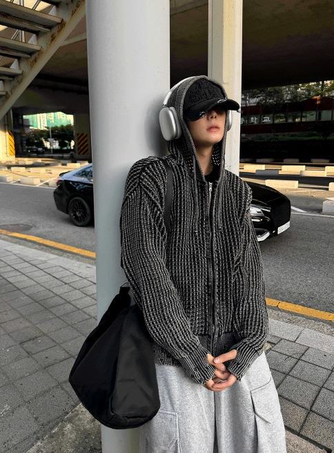 [COSYHARU] Dyed Distressed Mesh Hooded Zip-Up Jacket