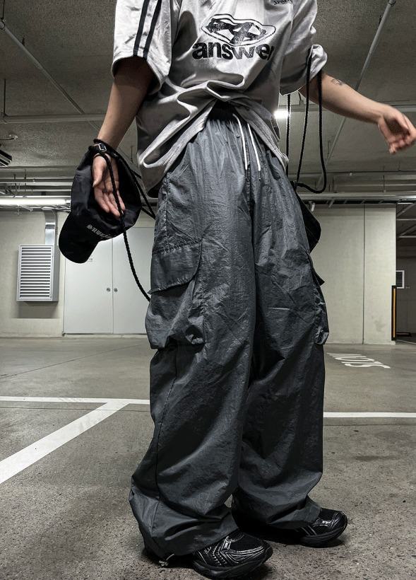 [COSYHARU] Glossy Wide Gorpcore Nylon Jogger Pants