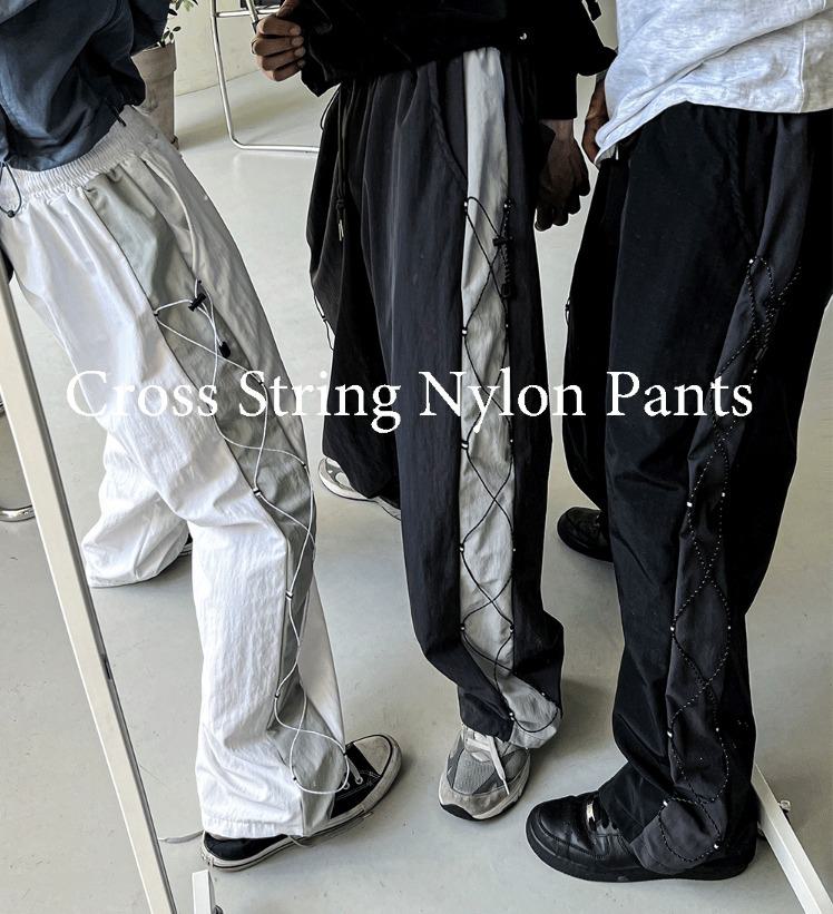 [COSYHARU]cross string nylon pants